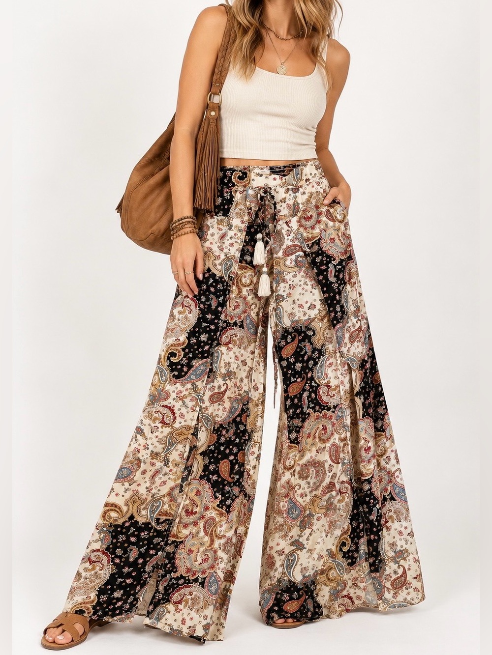 B.O.G. Collective Boho Paisley Patchwork Wide Leg Palazzo Pants Medium